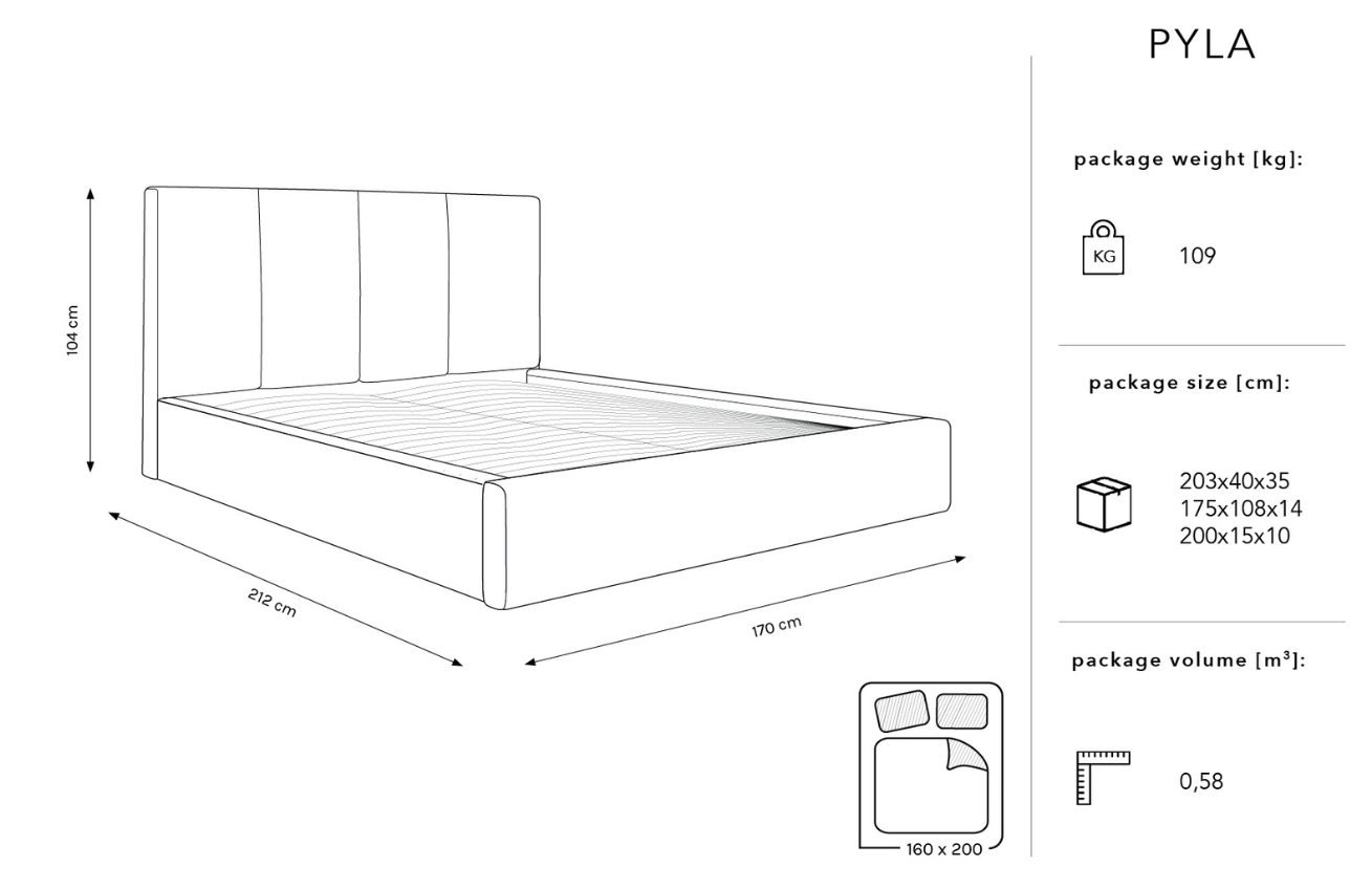 Micadoni Tmavě šedá dvoulůžková postel Pyla 160 x 200 cm s úložným prostorem