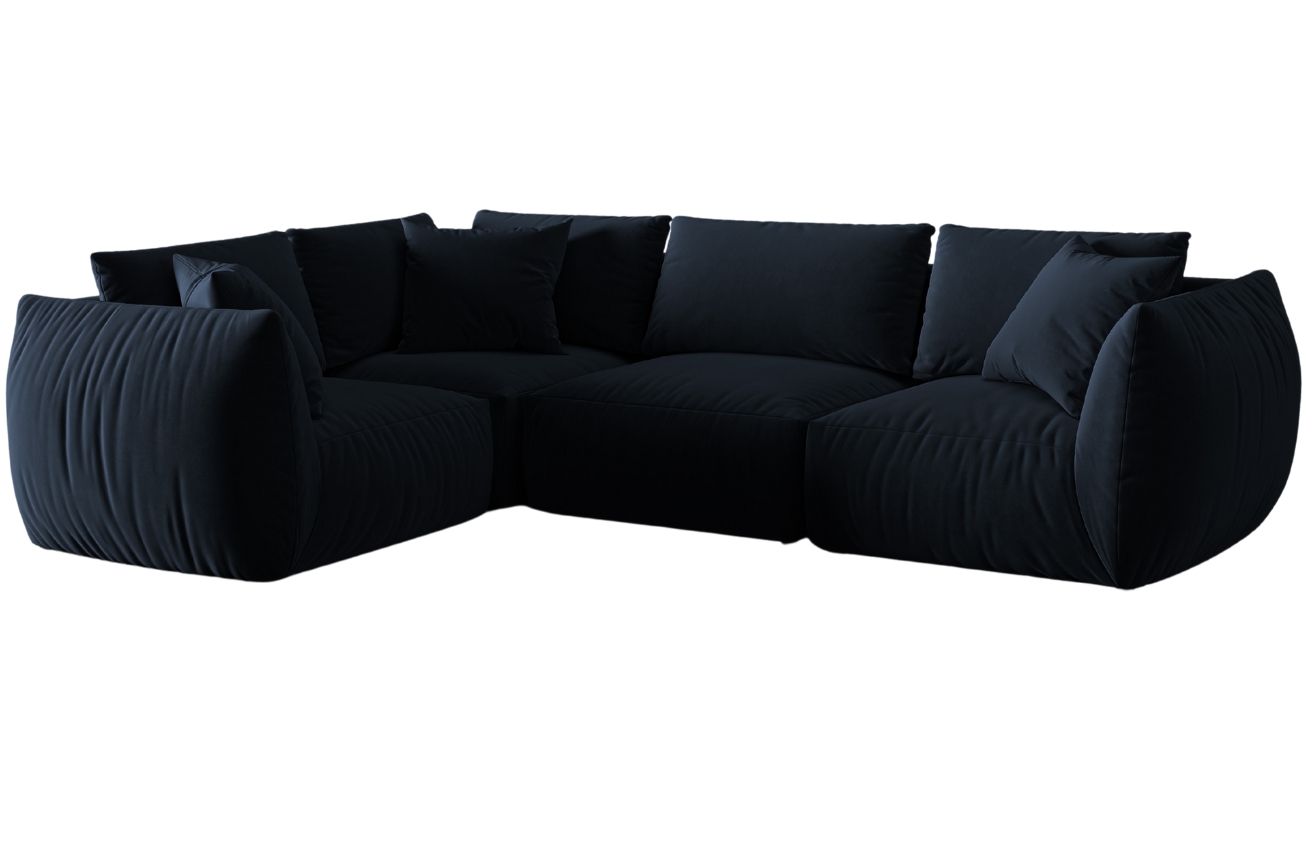 Tmavě modr&aacute; sametov&aacute; rohov&aacute; pohovka MICADONI Chris II. 295 cm, lev&aacute;