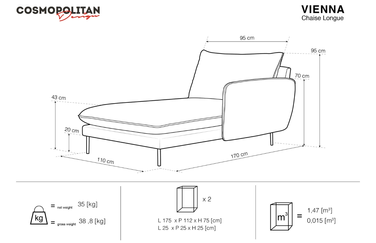 Cosmopolitan Design Světle šedá sametová lenoška Vienna 170 cm, pravá
