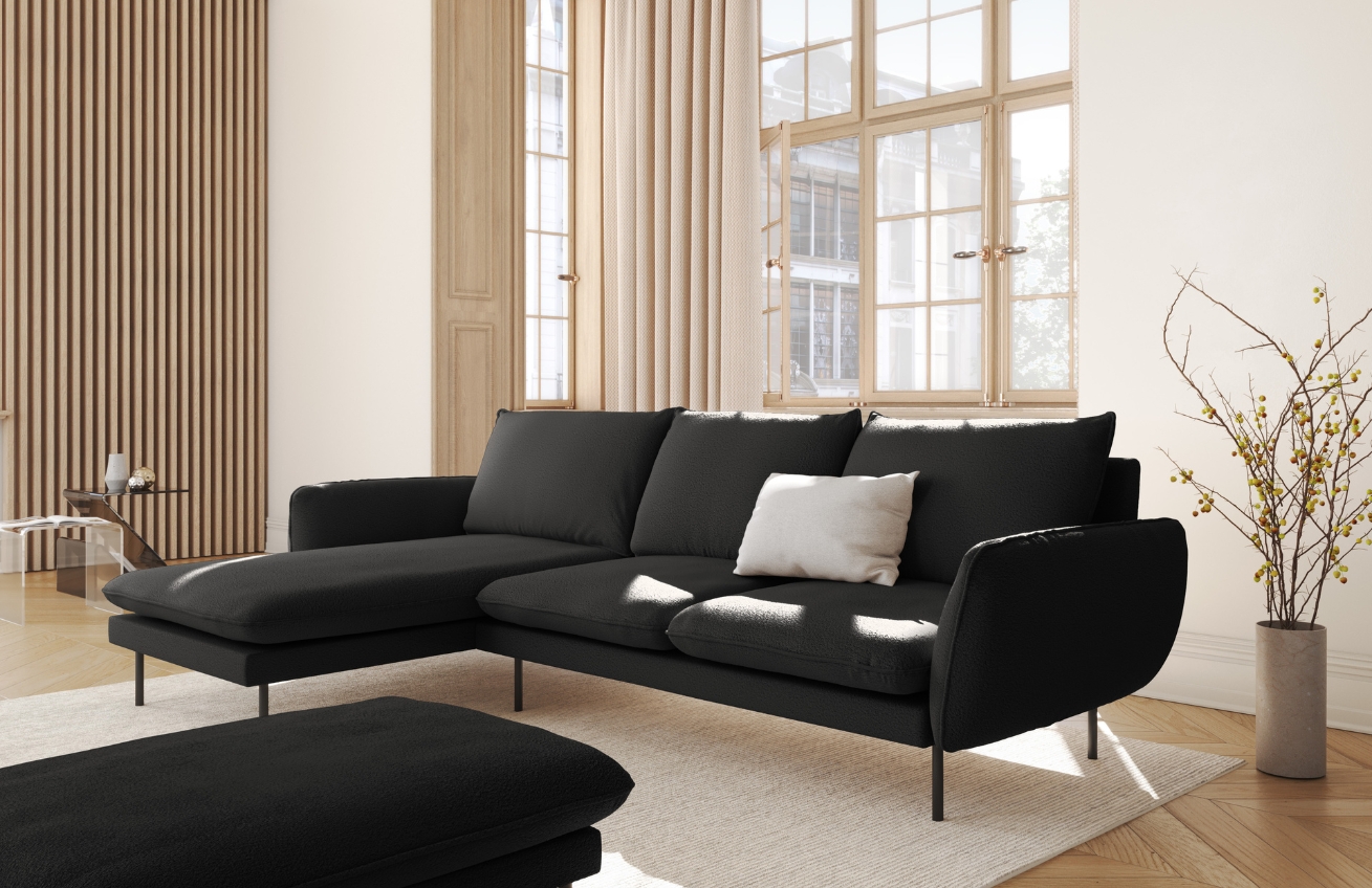 Cosmopolitan Design Černá bouclé rohová pohovka Vienna 255 cm, levá