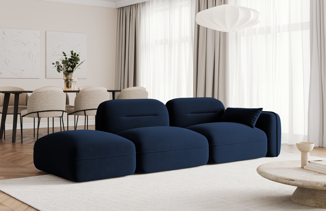 Cosmopolitan Design Kr&aacute;lovsky modr&aacute; sametov&aacute; trojm&iacute;stn&aacute; pohovka Sydney 295 cm, lev&aacute;