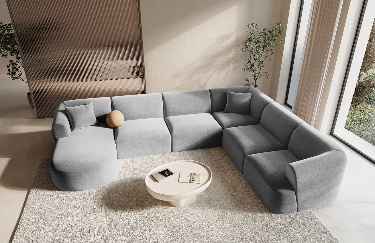 Cosmopolitan Design Šedá sametová rohová pohovka Campi 330 cm, pravá