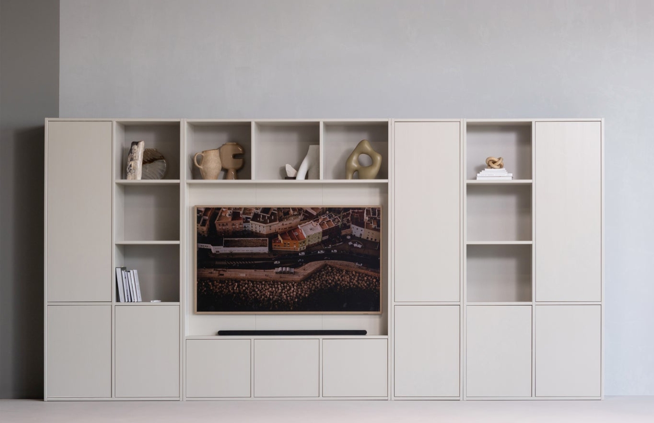 WOOOD Světle šedá dřevěná modulární skříň Meggy 215 x 108 cm, pravá