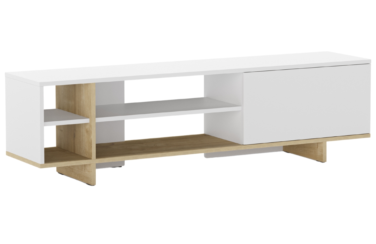 Marckeric Bílý lakovaný TV stolek Cequoia 160 x 35,5 cm s dubovým dekorem