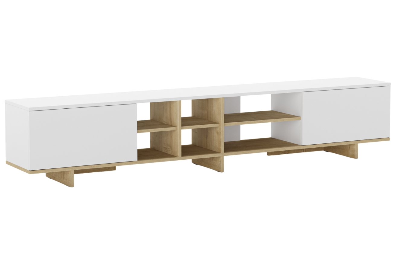 Marckeric Bílý lakovaný TV stolek Cequoia 230 x 35,5 cm s dubovým dekorem