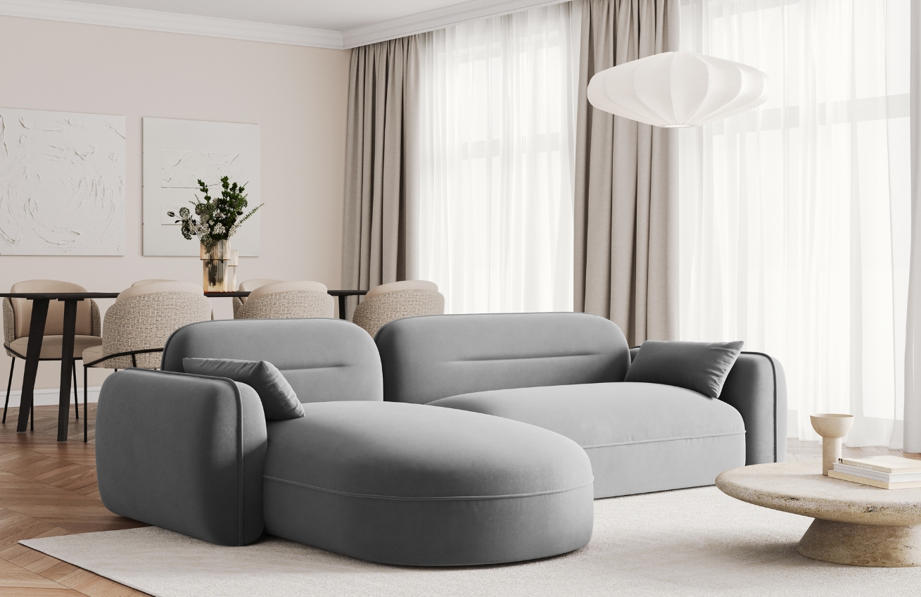 Cosmopolitan Design Šedá sametová rohová pohovka Sydney 275 cm, levá