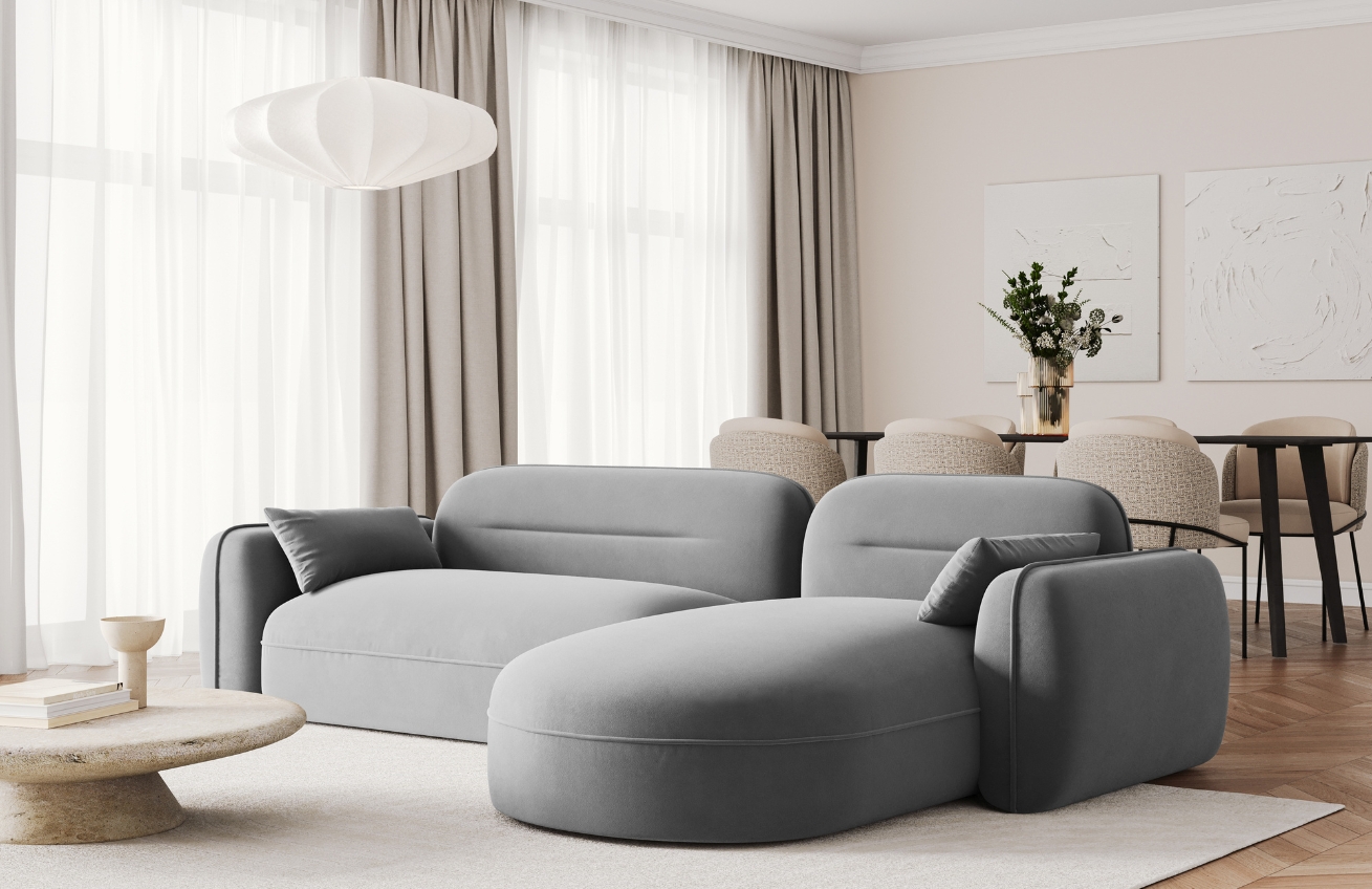 Cosmopolitan Design Šedá sametová rohová pohovka Sydney 275 cm, pravá