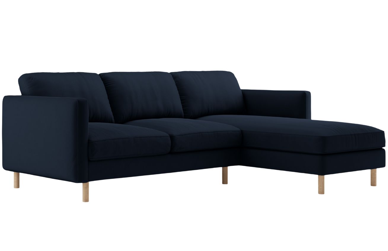 Micadoni Tmavě modr&aacute; sametov&aacute; rohov&aacute; pohovka Eden 250 cm, prav&aacute;