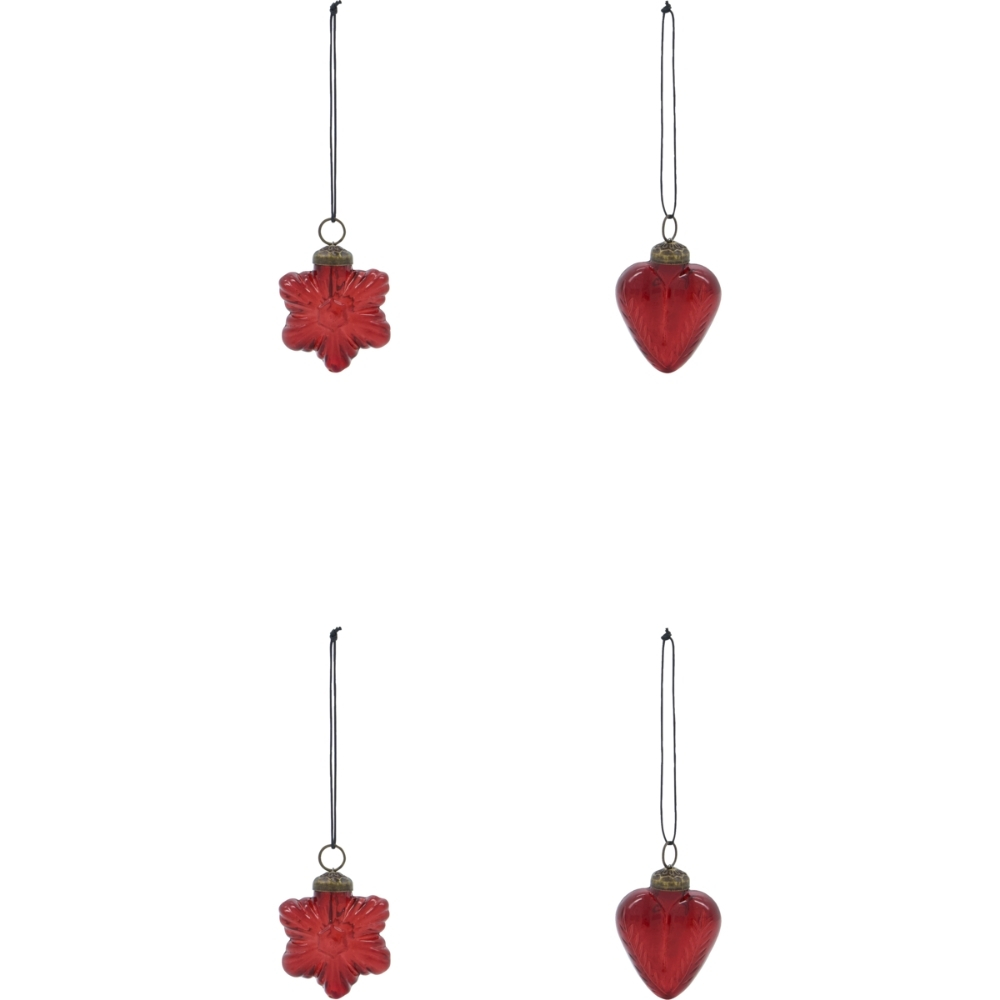 House Doctor Červené skleněné vánoční ozdoby Heart & Star, 4 ks