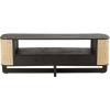 Černý dřevěný TV stolek J-line Meldo 140 x 40,5 cm s ratanovým výpletem