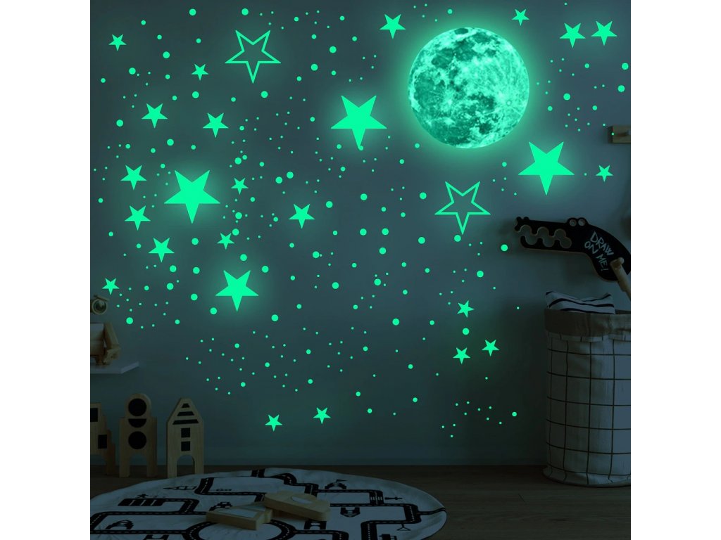Samolepky na zeď - svítící 30 cm měsíc + 435 ks hvězdiček - Mom & Kids