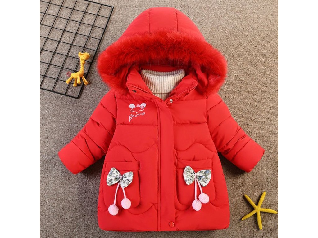 Dívčí teplý zimní kabát s kapucí s kožešinkou - mašličky s bambulkami - Mom  & Kids