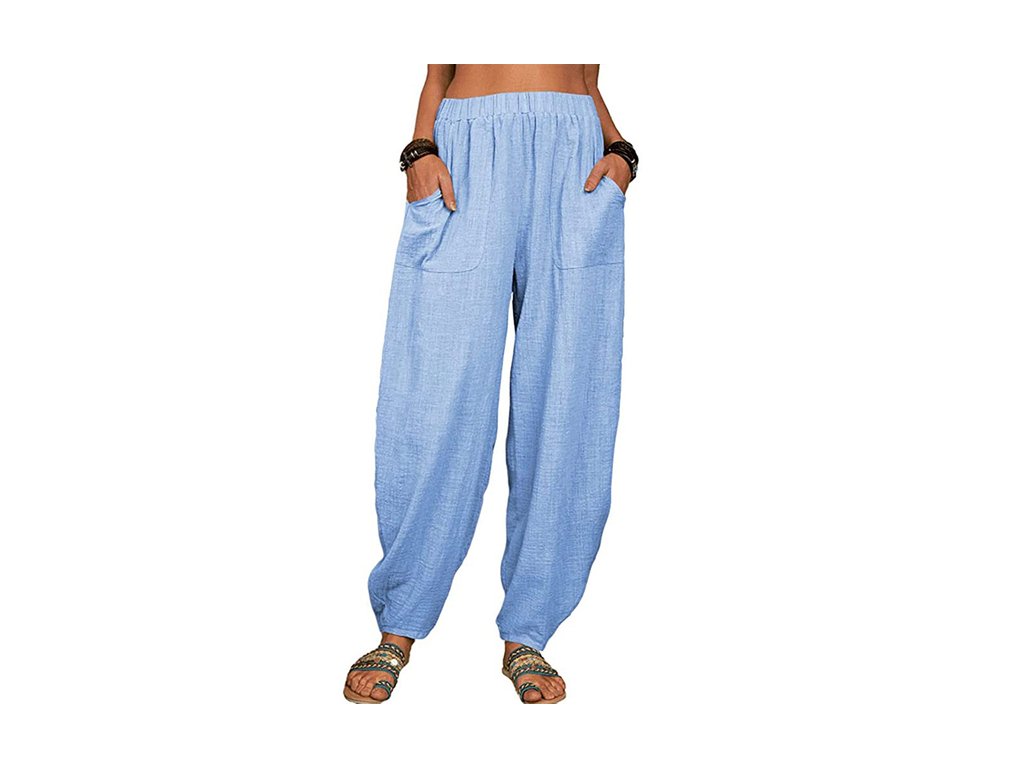 Women Harem Pants Summer Casual Vintage Cotton Linen Pants Elastic Waist Wide Leg Retro Loose Pockets.jpg 640x640 (8)