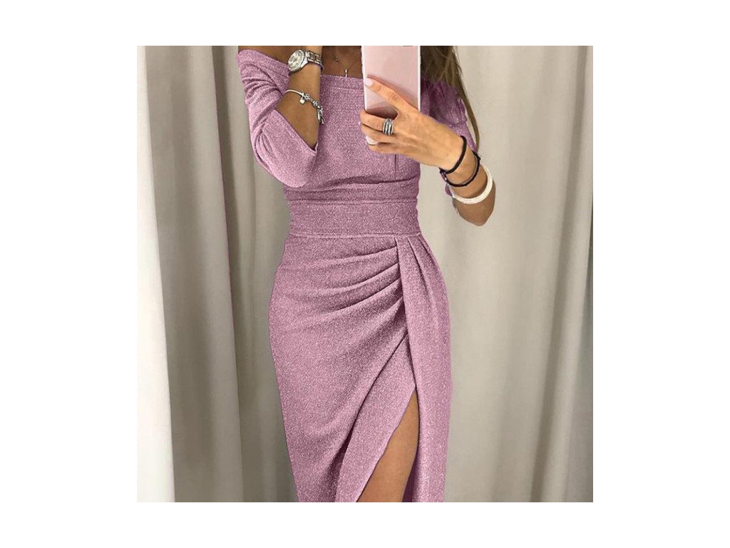 Women Off Shoulder Half Sleeve Slim Bodycon Ruffles Elegant Solid Color Evening Party Split Dress Formal.jpg 640x640 (2)