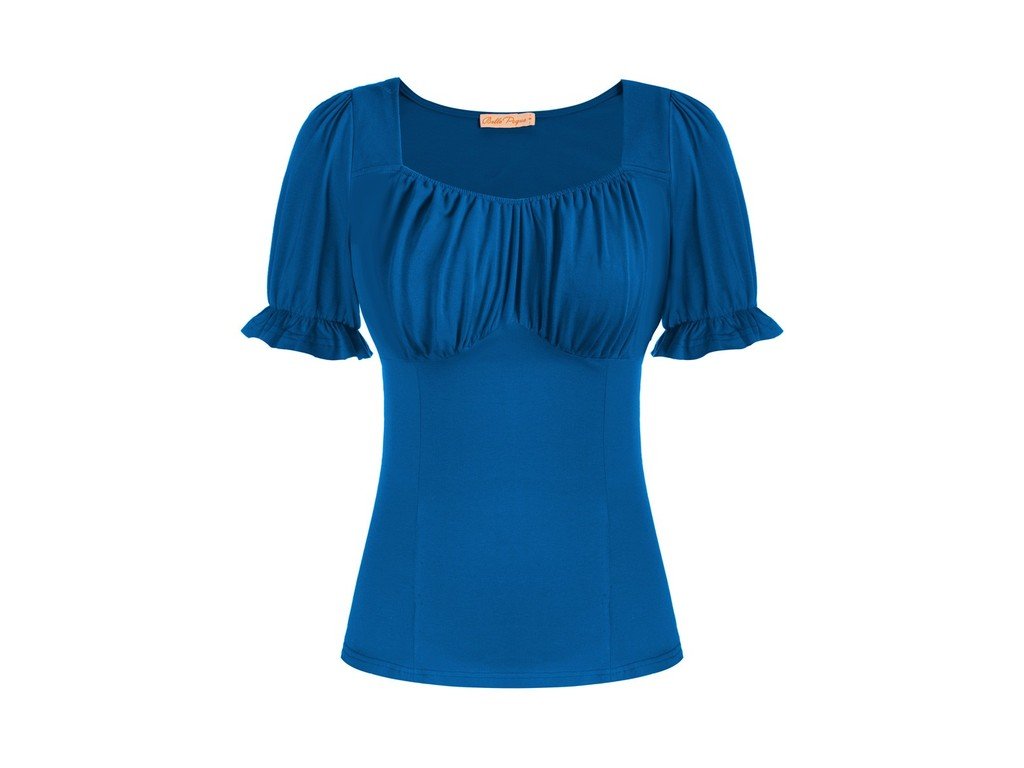 BP Women V Neck Shirts Slim Fit Puffed Short Sleeve Ruched Bodice Tops Vintage Cotton Tops.jpeg 640x640