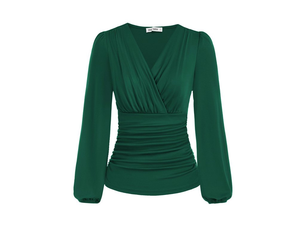 GK Women Ruched Shirt Vintage Long Lantern Sleeve Blouse Defined Waist V Neck Tops Female Ol.jpeg 640x640 (5)