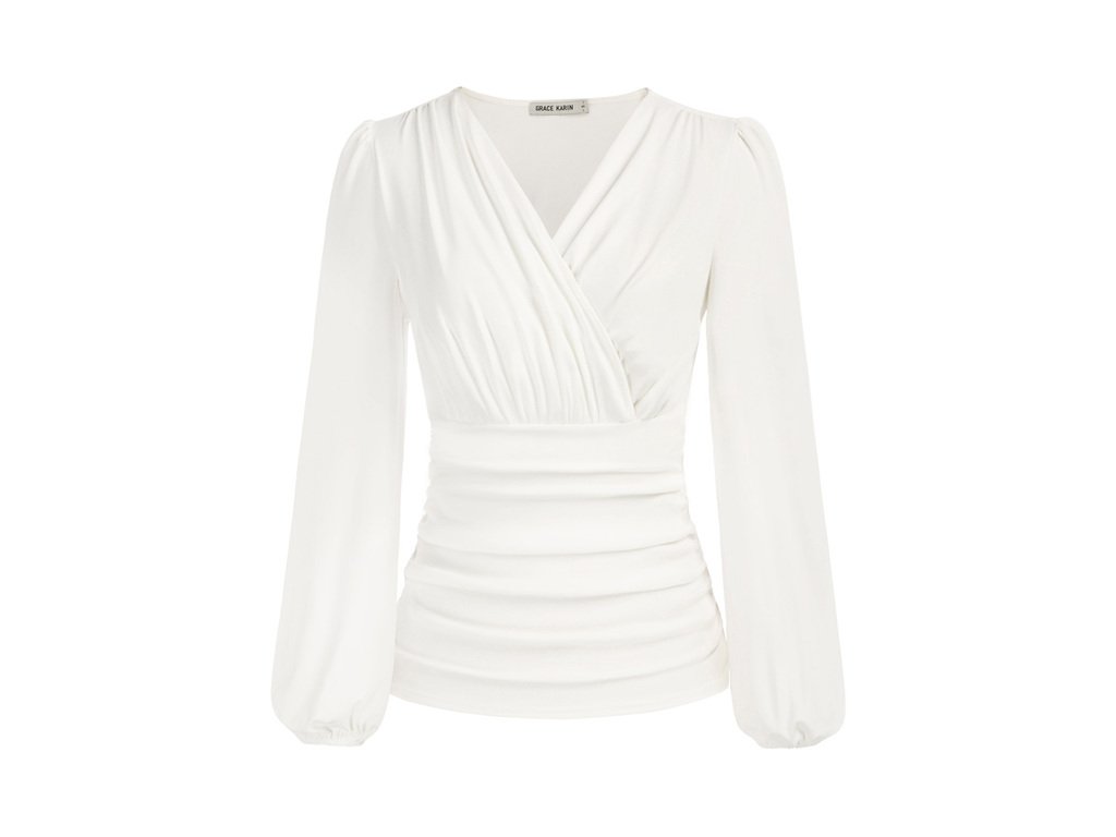 GK Women Ruched Shirt Vintage Long Lantern Sleeve Blouse Defined Waist V Neck Tops Female Ol.jpeg 640x640 (6)
