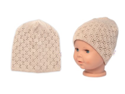 Ažurková čepice, dvouvrstvá, bavlna, Baby Nellys - cappuccino (Velikost 68-80 (6-12m))