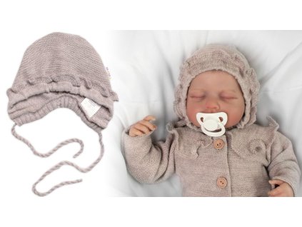 Pletená čepička na zavazování bonetka Girl, Hand Made Baby Nellys, béžová (Velikost 56/62 (0-3m))