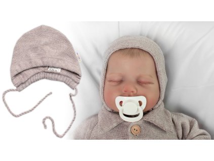 Pletená čepička na zavazování bonetka Boy, Hand Made Baby Nellys, béžová (Velikost 56/62 (0-3m))