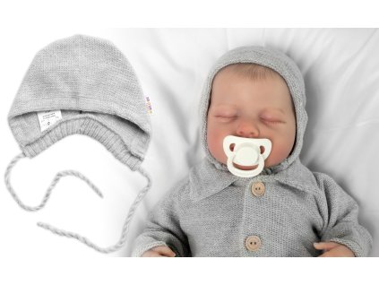Pletená čepička na zavazování bonetka Boy, Hand Made Baby Nellys, šedá (Velikost 56/62 (0-3m))