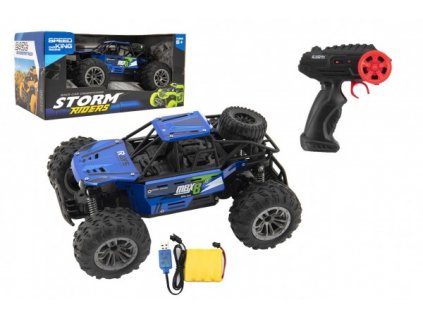 Auto RC buggy terénní modré 22cm plast 2,4GHz na baterie + dobíjecí pack v krabici 32x16x18cm