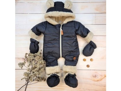 Zimní prošívaná kombinéza s kožíškem a kapucí + rukavičky + botičky, Z&Z - černá