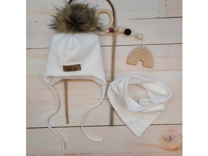 Zimní dvouvrstvá čepice na zavazování s bambulí z kožešinky + šátek Z&Z, bílá, vel. 68/74