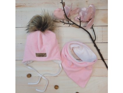 Zimní dvouvrstvá čepice na zavazování s bambulí z kožešinky + šátek Z&Z, růžová