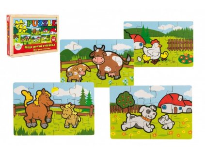 Puzzle dřevěné Moje první zvířátka 4x12 dílků 20x14x3,5cm v dřevěné krabičce 24m+ MPZ