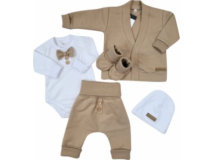 Bavlněná sada, body, kalhoty, motýlek a čepice Elegant Boy 5D, Kazum, mocca/bílá (Velikost koj oblečení 56 (1-2m))