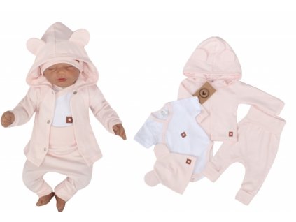 Novorozenecká sada 4D, body kr. rukáv, tepláčky, kabátek a čepička Z&Z, růžová, vel. 50 (0-1m)
