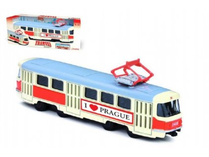 Tramvaj Tatra T3 česká kovová 16cm I LOVE PRAGUE retro na zpětný chod v krabičce 20x8x6cm CZ design