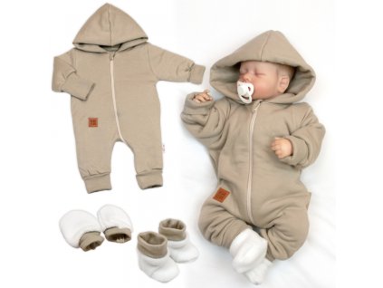 Bavlněný oteplený overálek s kapucí, rukavičky, botky, 3D sada Nature - taupe, vel. 74 (Velikost koj oblečení 74 (6-9m))