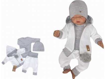 Z&Z 4-dílná pletená soupravička, kabátek, tepláčky, čepička a body, bílá-šedá, vel. 80 (Velikost koj oblečení 80 (9-12m))