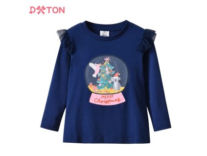 Dívčí bavlněné tričko s dlouhým rukávem " Merry Christmas" - tmavě modré