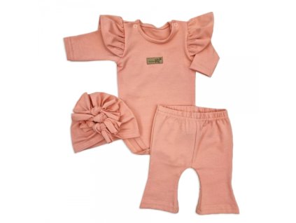 Body s volánky, legíny do zvonu a čepička, 3D, bavlna, meruňková (Velikost koj oblečení 74 (6-9m))
