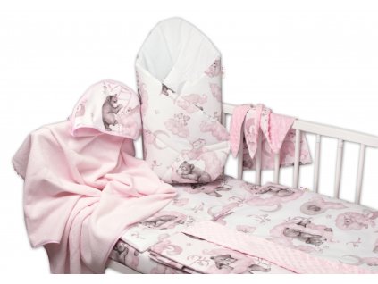6-ti dílná výhod. sada s dárkem pro miminko Baby Nellys, 120x90 Zvířátka na mráčku, růžová (Velikost povlečení 135x100)