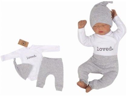 Z&Z 3-dílná soupravička body, tepláčky a čepička Loved - bílo/šedá, vel. 56 (Velikost koj oblečení 56 (1-2m))