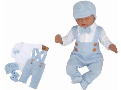 Z&Z 5-dílná pletená sada Boy, body, kalhoty, čepička, motýlek, botičky, modrá (Velikost 56 (1-2m))