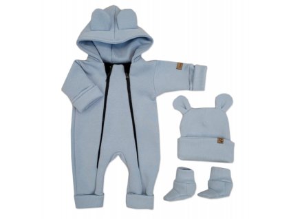 Oteplený dětský overal bez šlapek s kapucí, čepička + botičky, 3D, Kazum, modrý (Velikost koj oblečení 74 (6-9m))