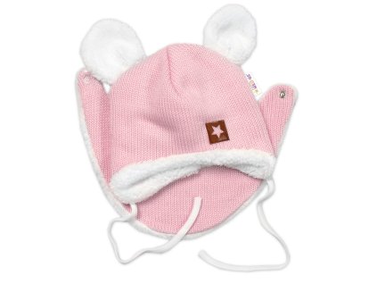Baby Nellys Pletená zimní čepice s kožíškem a šátkem Star, růžová (Velikost 80/86 (12-18m))