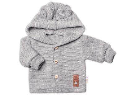 Dětský elegantní pletený svetřík s knoflíčky a kapucí s oušky Baby Nellys, šedý (Velikost 56 (1-2m))