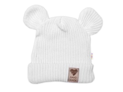 Pletená bavlněná čepice s oušky, dvouvrstvá, Hand Made Baby Nellys, bílá (Velikost 56/62 (0-3m))