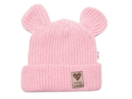 Pletená bavlněná čepice s oušky, dvouvrstvá, Hand Made Baby Nellys, růžová (Velikost koj oblečení 56/62 (0-3m))