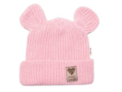 Pletená bavlněná čepice s oušky, dvouvrstvá, Hand Made Baby Nellys, růžová (Velikost 56/62 (0-3m))