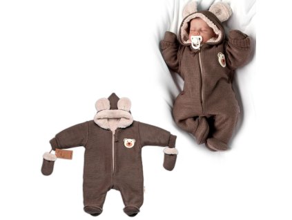 Oteplená pletená kombinéza s rukavičkama Teddy Bear, Baby Nellys, dvouvrstvá, hnědá (Velikost 68 (3-6m))