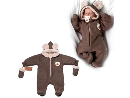 Oteplená pletená kombinéza s rukavičkama Teddy Bear, Baby Nellys, dvouvrstvá, hnědá (Velikost koj oblečení 68 (3-6m))