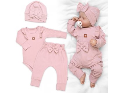 Žebrovaná rostoucí souprava 3D, Baby Girl - pudrově růžová (Velikost koj oblečení 56/62 (0-3m))
