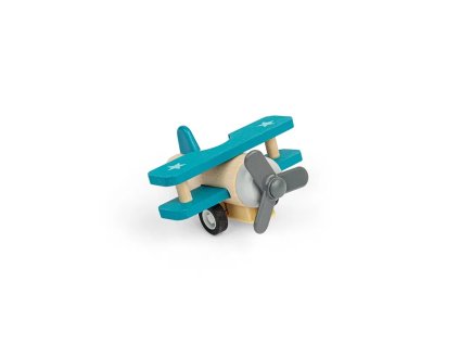 Bigjigs Toys Dřevěné natahovací letadlo Dvouplošník (modrý)